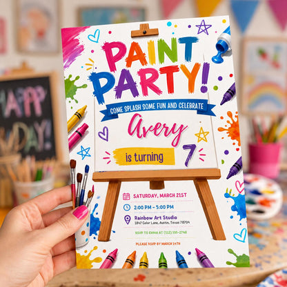Editable Art Paint Birthday Invitation Canva Template, Cute Modern Fun Themed Custom DIY Chic Kids Party Invite, Printable Digital Download.