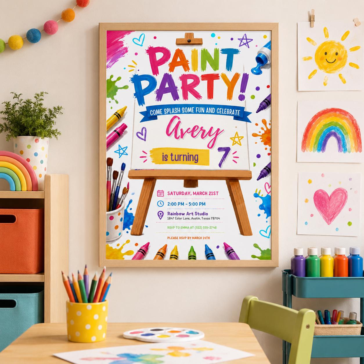 Editable Art Paint Birthday Invitation Canva Template, Cute Modern Fun Themed Custom DIY Chic Kids Party Invite, Printable Digital Download.