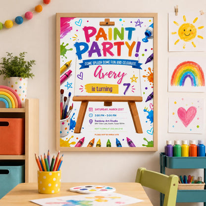 Editable Art Paint Birthday Invitation Canva Template, Cute Modern Fun Themed Custom DIY Chic Kids Party Invite, Printable Digital Download.