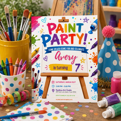 Editable Art Paint Birthday Invitation Canva Template, Cute Modern Fun Themed Custom DIY Chic Kids Party Invite, Printable Digital Download.