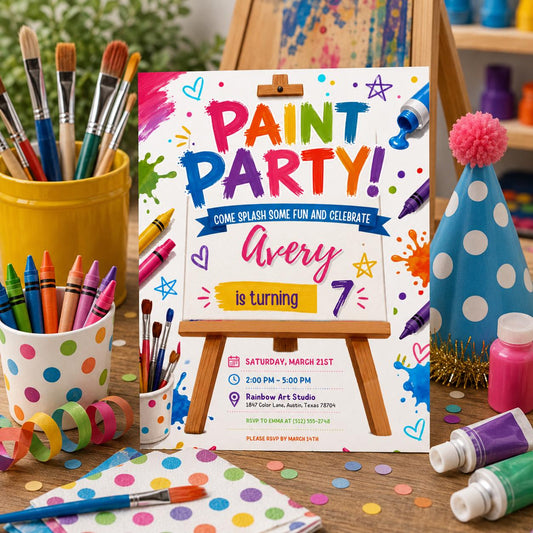 Editable Art Paint Birthday Invitation Canva Template, Cute Modern Fun Themed Custom DIY Chic Kids Party Invite, Printable Digital Download.