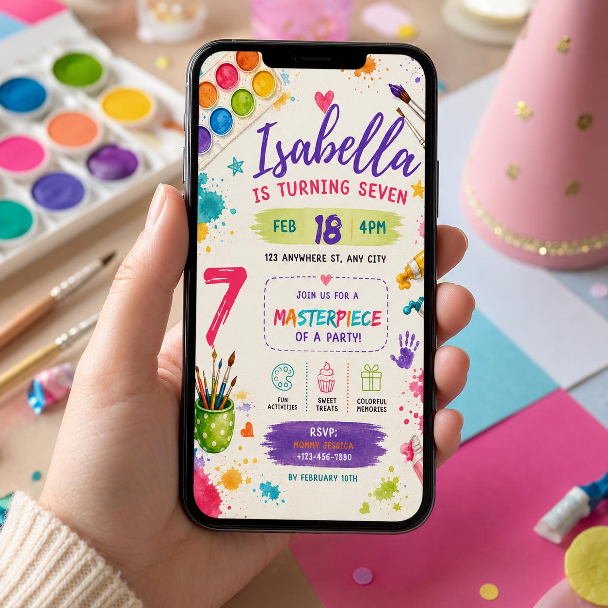 Editable Art Paint Birthday Invitation Canva Template, Cute Modern Fun Themed Custom DIY Chic Kids Party Invite, Printable Digital Download.