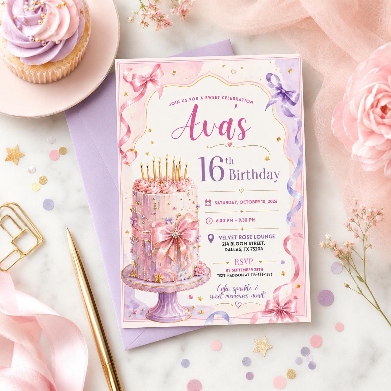 Editable Sweet Treats Birthday Invitation Canva Template, Pink Luxury Girls Kids Cute Fun DIY Chic Party Invite, Printable Digital Download.