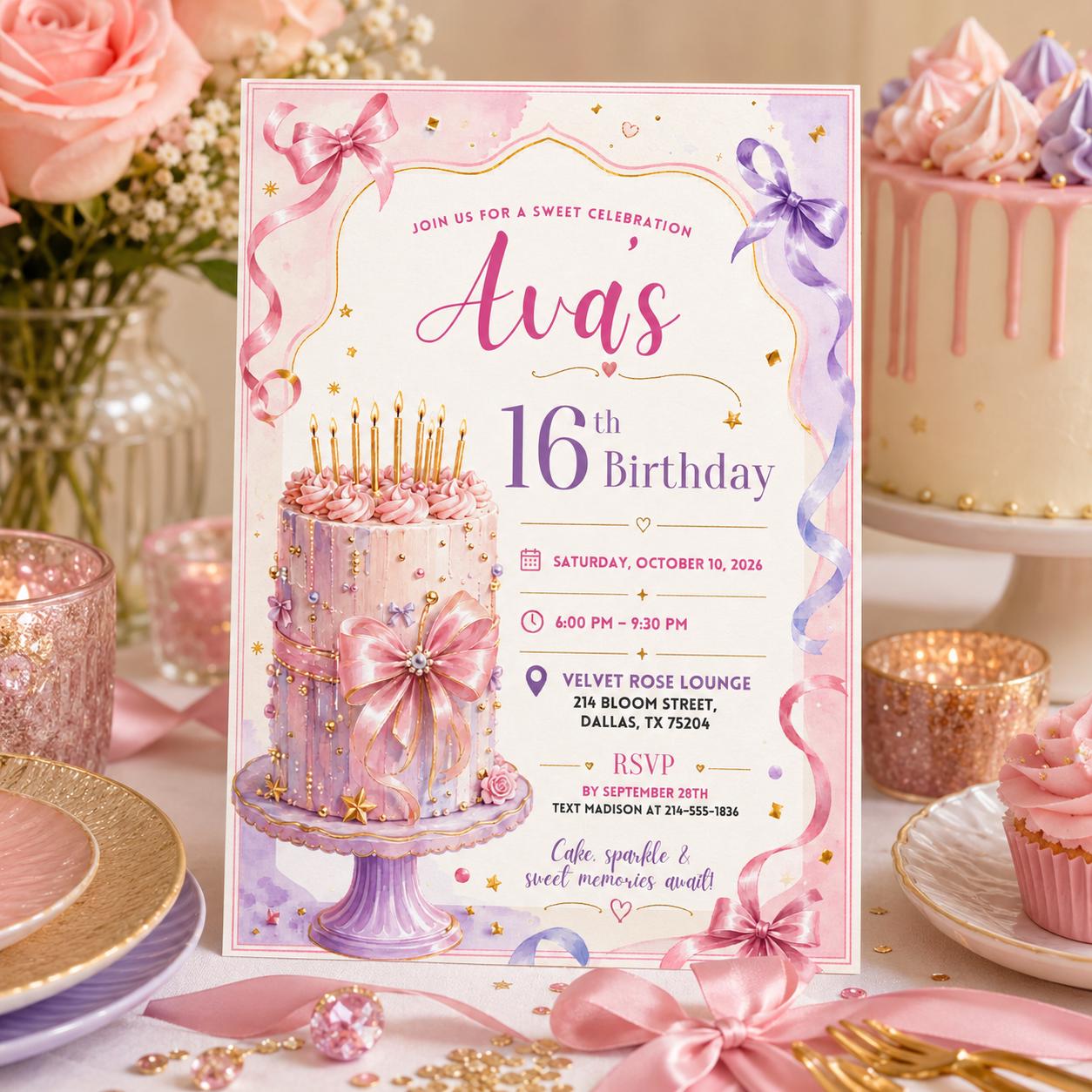 Editable Sweet Treats Birthday Invitation Canva Template, Pink Luxury Girls Kids Cute Fun DIY Chic Party Invite, Printable Digital Download.