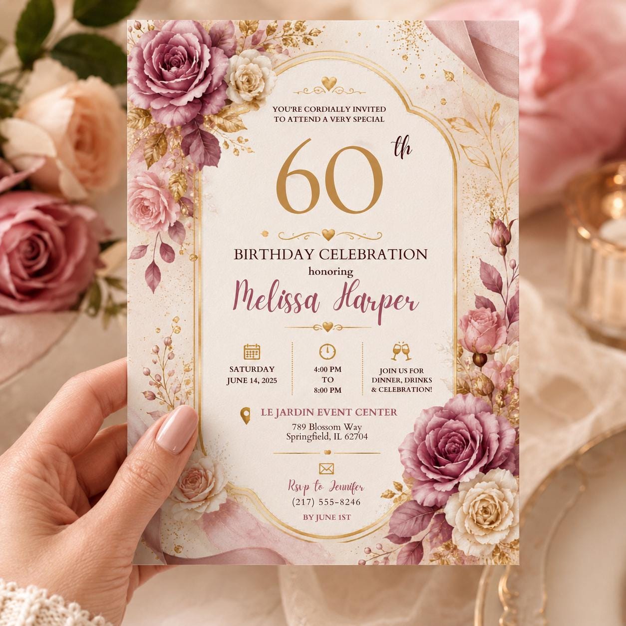Editable Floral Birthday Invitation Canva Template, Blush Girls Adult Cute Fun DIY Sweet Chic Kids Party Invite, Printable Digital Download.