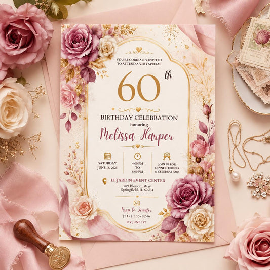 Editable Floral Birthday Invitation Canva Template, Blush Girls Adult Cute Fun DIY Sweet Chic Kids Party Invite, Printable Digital Download.