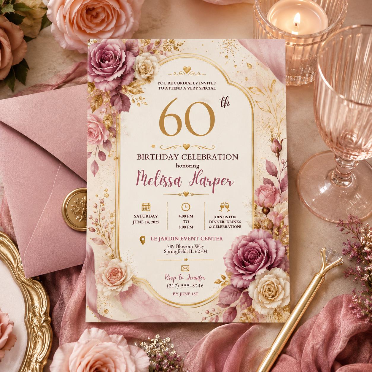 Editable Floral Birthday Invitation Canva Template, Blush Girls Adult Cute Fun DIY Sweet Chic Kids Party Invite, Printable Digital Download.