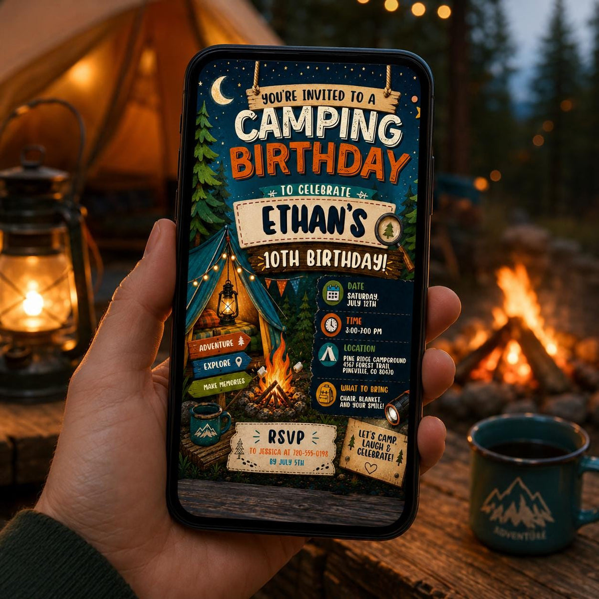 Editable Camping Birthday Invitation Canva Template, Kids Cute Fun DIY Sweet Chic Teen Tween Adult Party Invite, Printable Digital Download.
