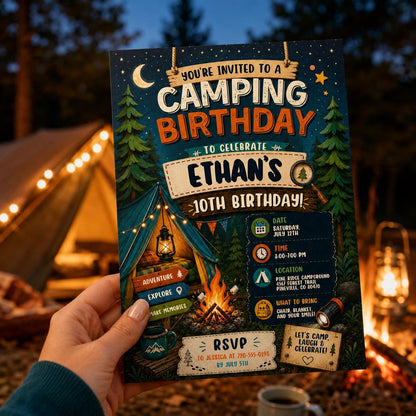 Editable Camping Birthday Invitation Canva Template, Kids Cute Fun DIY Sweet Chic Teen Tween Adult Party Invite, Printable Digital Download.