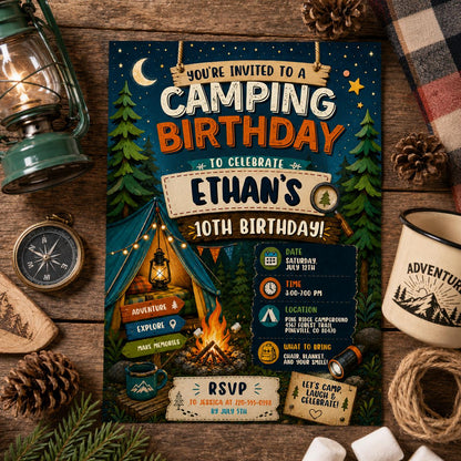 Editable Camping Birthday Invitation Canva Template, Kids Cute Fun DIY Sweet Chic Teen Tween Adult Party Invite, Printable Digital Download.