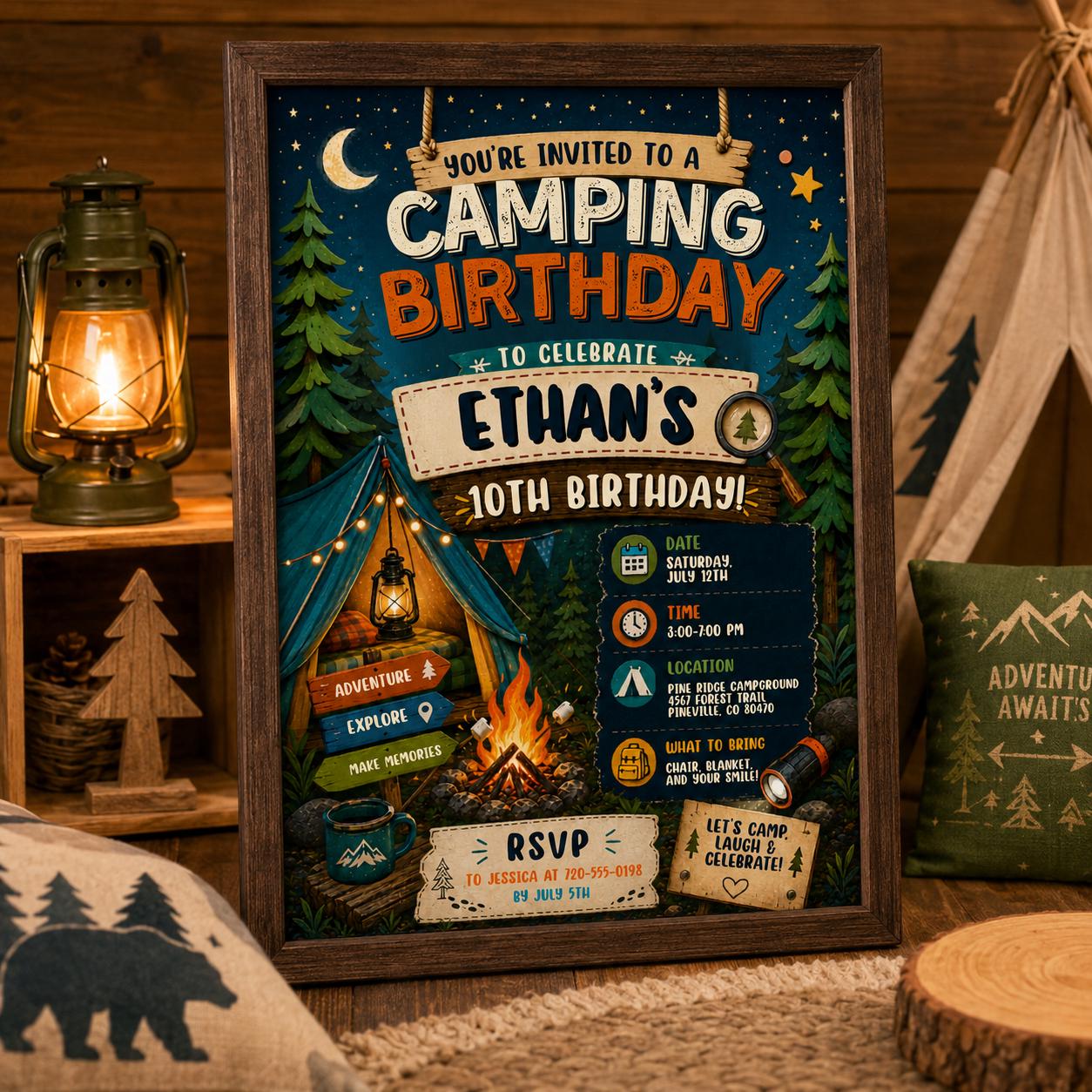 Editable Camping Birthday Invitation Canva Template, Kids Cute Fun DIY Sweet Chic Teen Tween Adult Party Invite, Printable Digital Download.