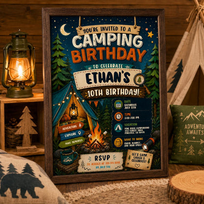 Editable Camping Birthday Invitation Canva Template, Kids Cute Fun DIY Sweet Chic Teen Tween Adult Party Invite, Printable Digital Download.