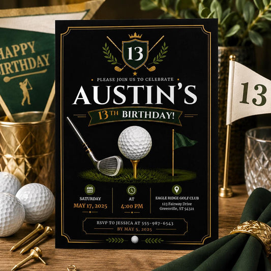 Editable Golf Cocktail Party Invitation Canva Template, Green Preppy Kids Adult Cute Modern Fun Themed DIY Sweet Printable Digital Download.