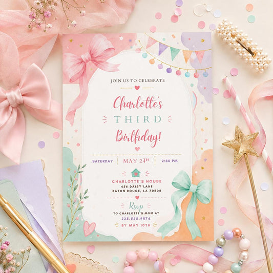 Editable Pastel Birthday Invitation Canva Template, Pink Floral Girls Cute Fun DIY Sweet Chic Kids Party Invite, Printable Digital Download.