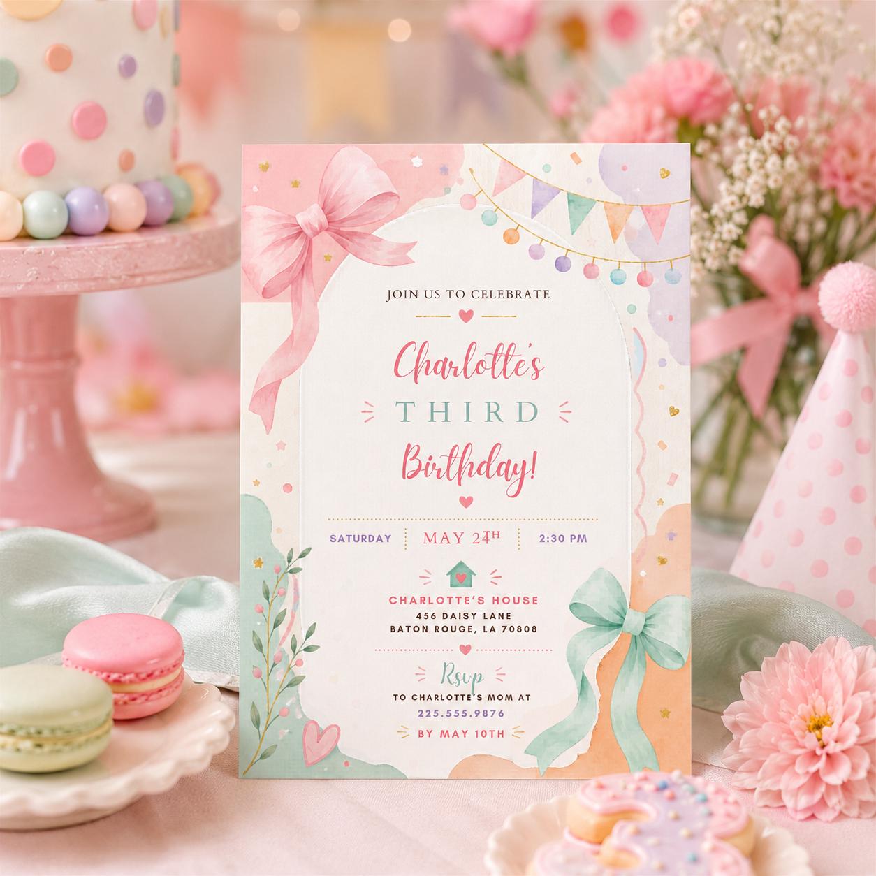 Editable Pastel Birthday Invitation Canva Template, Pink Floral Girls Cute Fun DIY Sweet Chic Kids Party Invite, Printable Digital Download.