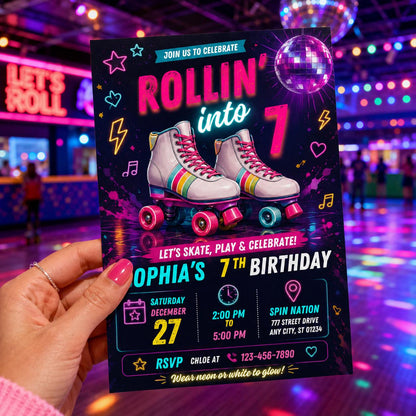 Editable Skate Birthday Invitation Canva Template, Pastel Neon Kids Skate Cute Modern Fun DIY Chic Party Invite, Printable Digital Download.