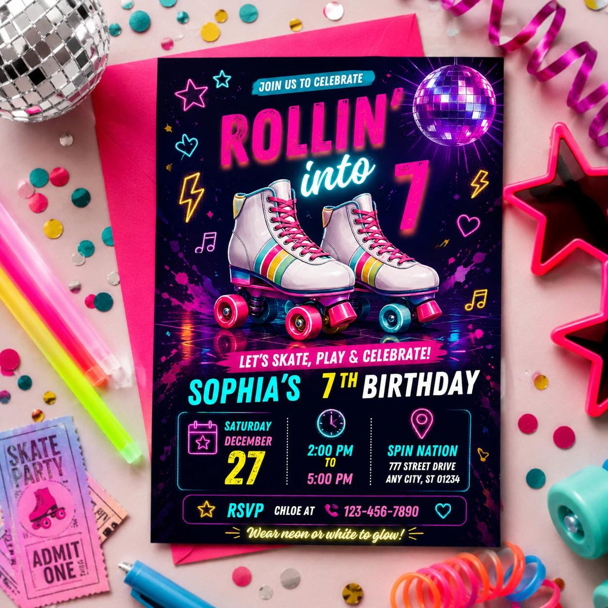 Editable Skate Birthday Invitation Canva Template, Pastel Neon Kids Skate Cute Modern Fun DIY Chic Party Invite, Printable Digital Download.