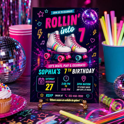 Editable Skate Birthday Invitation Canva Template, Pastel Neon Kids Skate Cute Modern Fun DIY Chic Party Invite, Printable Digital Download.
