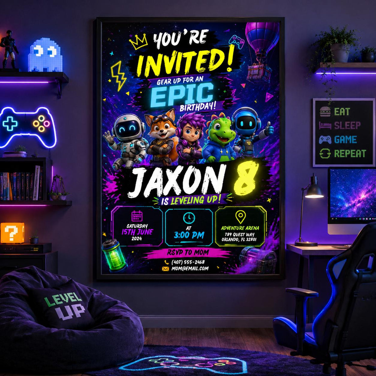 Editable Gamer Birthday Invitation Canva Template, Boys Kids Gamer Cute Modern Fun Themed DIY Chic Party Invite, Printable Digital Download.
