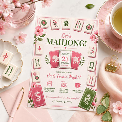 Editable Mahjong Game Night Invitation Canva Template, Girls Adult Cute Fun DIY Sweet Chic Kids Teen Tween Party Printable Digital Download.