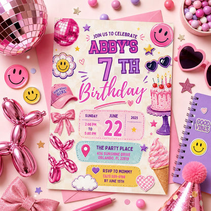 Editable 6-7 Birthday Invitation Canva Template, Red Kids Teens Cute Fun DIY Sweet Chic Teen Tween Party Invite, Printable Digital Download.