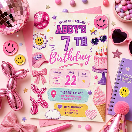 Editable 6-7 Birthday Invitation Canva Template, Red Kids Teens Cute Fun DIY Sweet Chic Teen Tween Party Invite, Printable Digital Download.