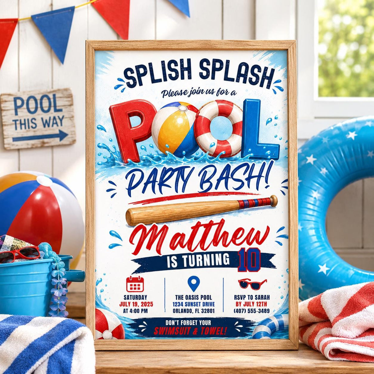 Editable Baseball Pool Birthday Invitation Canva Template, Boys Pool Cute Modern Fun DIY Chic Kids Party Invite, Printable Digital Download.