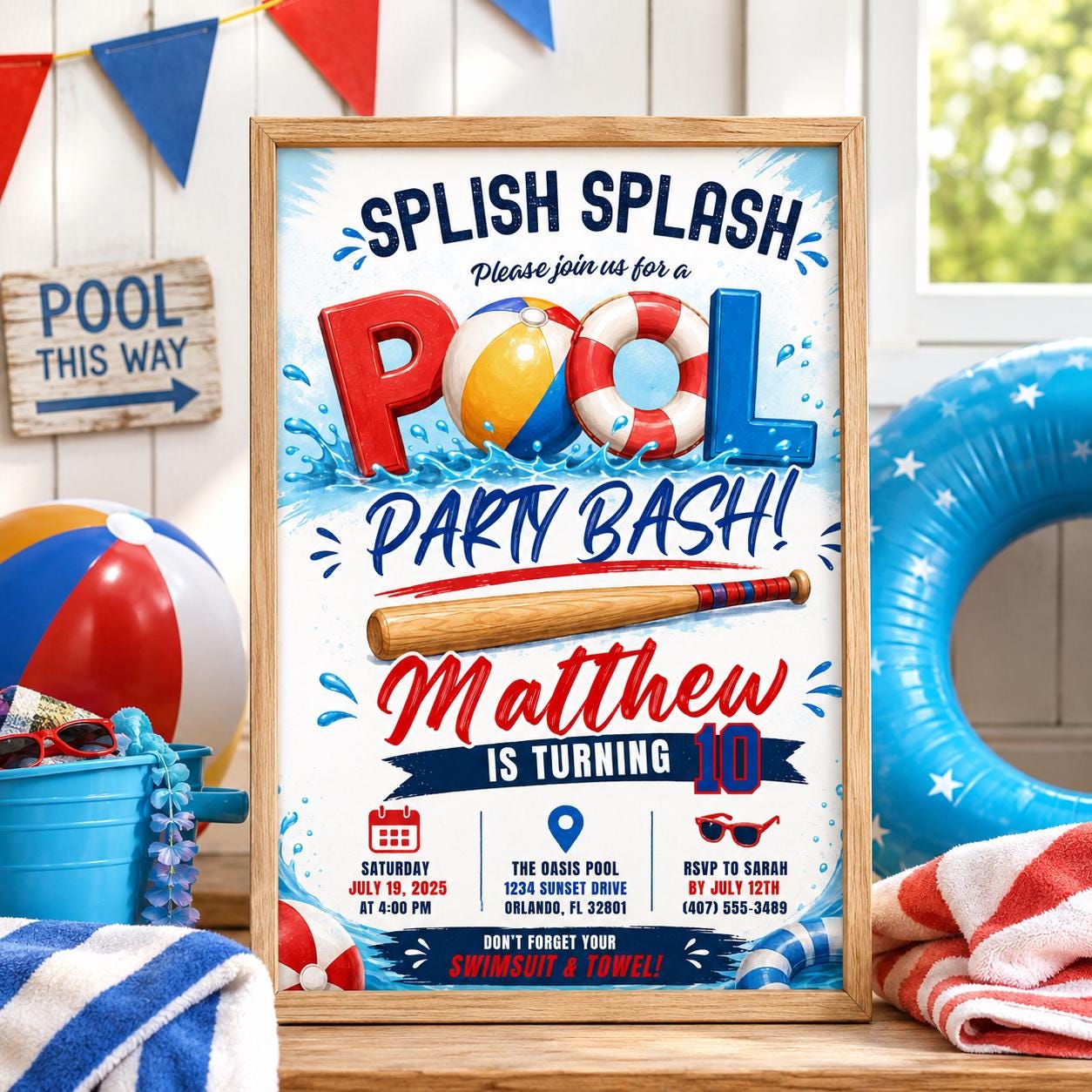 Editable Baseball Pool Birthday Invitation Canva Template, Boys Pool Cute Modern Fun DIY Chic Kids Party Invite, Printable Digital Download.