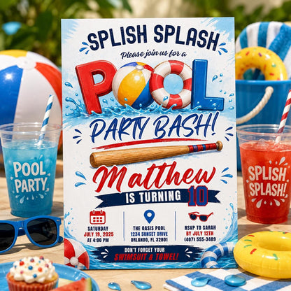 Editable Baseball Pool Birthday Invitation Canva Template, Boys Pool Cute Modern Fun DIY Chic Kids Party Invite, Printable Digital Download.