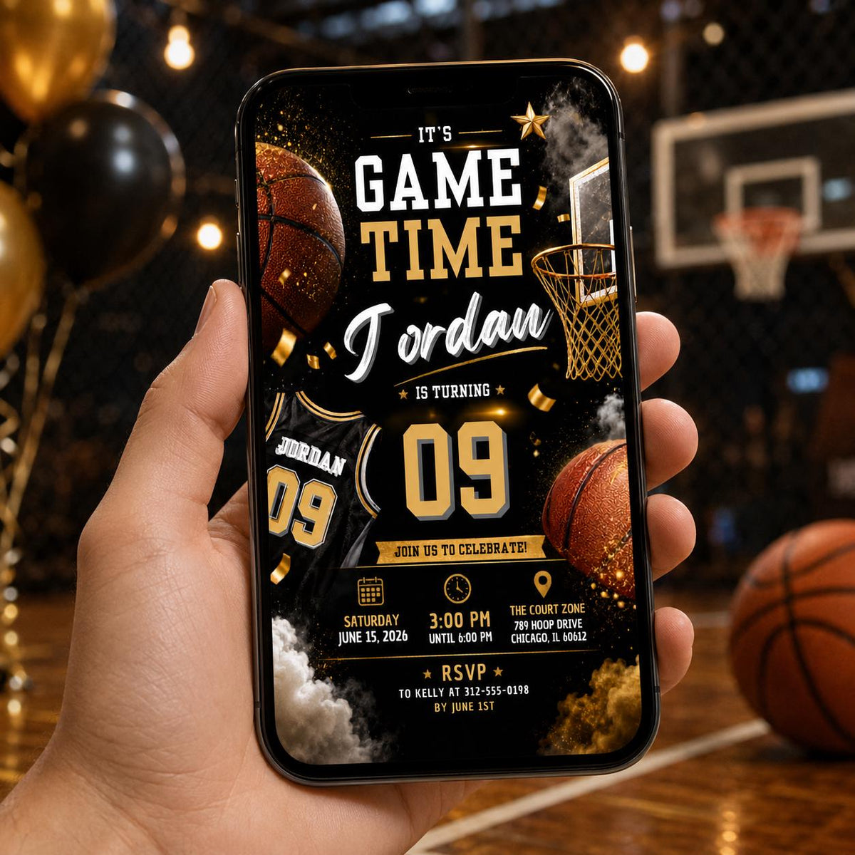 Editable Basketball Birthday Invitation Canva Template, Gold Black Luxury Sport Cute Fun DIY Sweet Party Invite, Printable Digital Download.