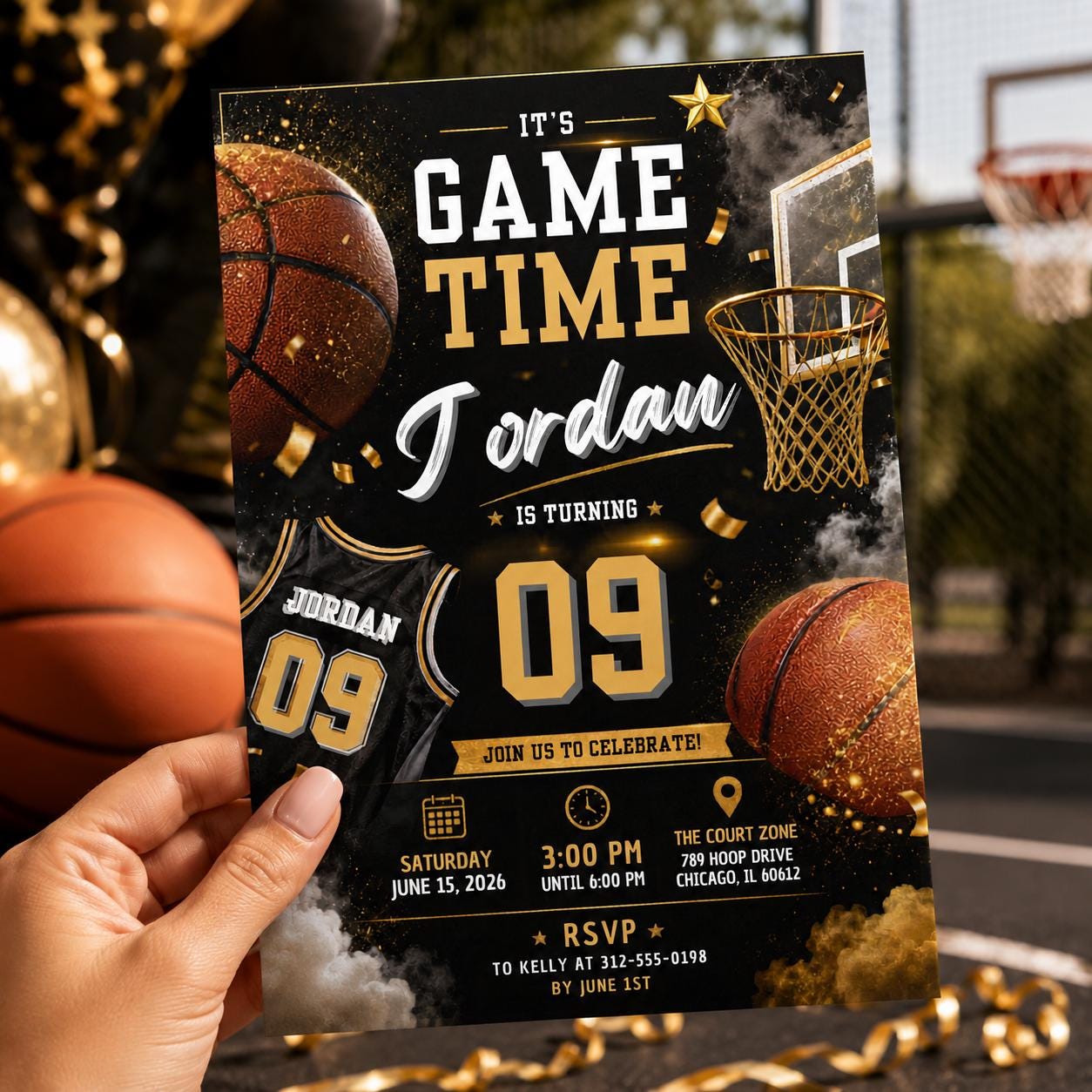 Editable Basketball Birthday Invitation Canva Template, Gold Black Luxury Sport Cute Fun DIY Sweet Party Invite, Printable Digital Download.