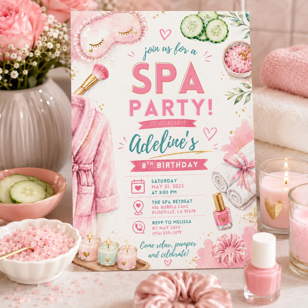 Editable Spa Birthday Invitation Canva Template, Girls Spa Cute Fun DIY Sweet Chic Kids Teen Tween Party Invite, Printable Digital Download.