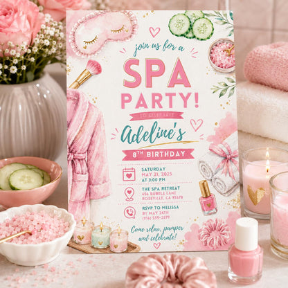 Editable Spa Birthday Invitation Canva Template, Girls Spa Cute Fun DIY Sweet Chic Kids Teen Tween Party Invite, Printable Digital Download.