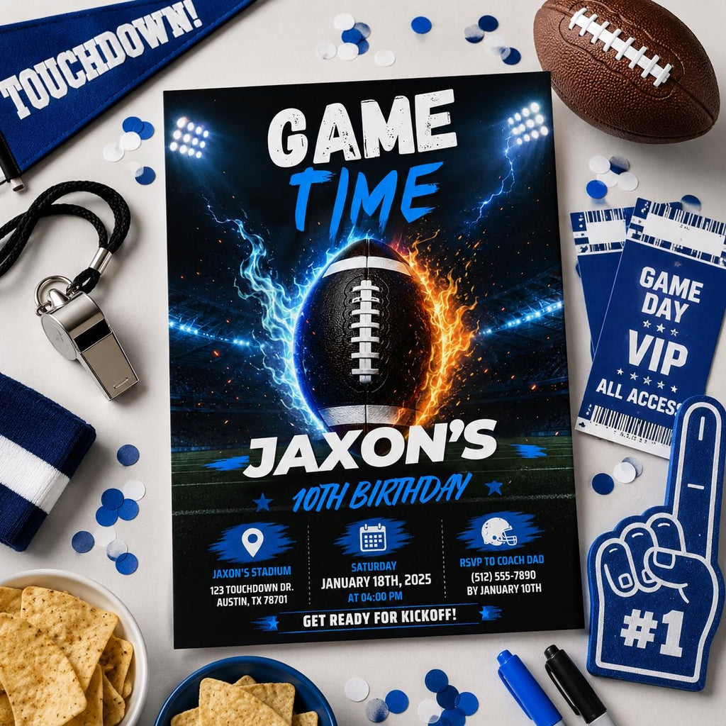 Editable Football Birthday Invitation Canva Template, Neon Boys Sport Cute Fun DIY Sweet Chic Kids Party Invite, Printable Digital Download.