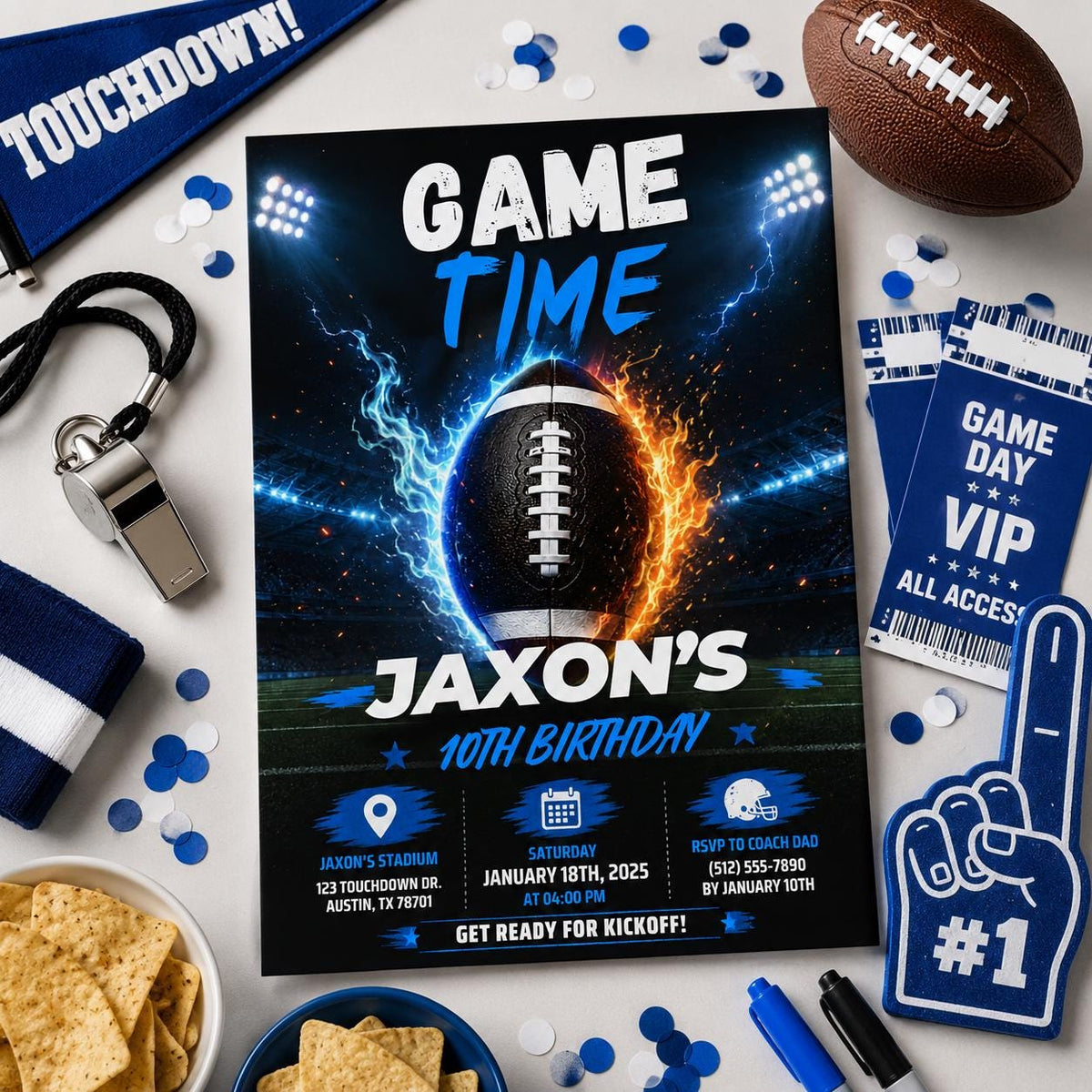 Editable Football Birthday Invitation Canva Template, Neon Boys Sport Cute Fun DIY Sweet Chic Kids Party Invite, Printable Digital Download.