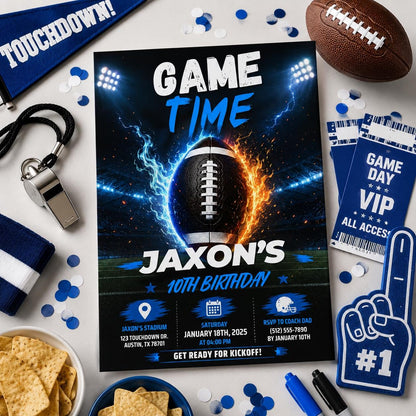 Editable Football Birthday Invitation Canva Template, Neon Boys Sport Cute Fun DIY Sweet Chic Kids Party Invite, Printable Digital Download.