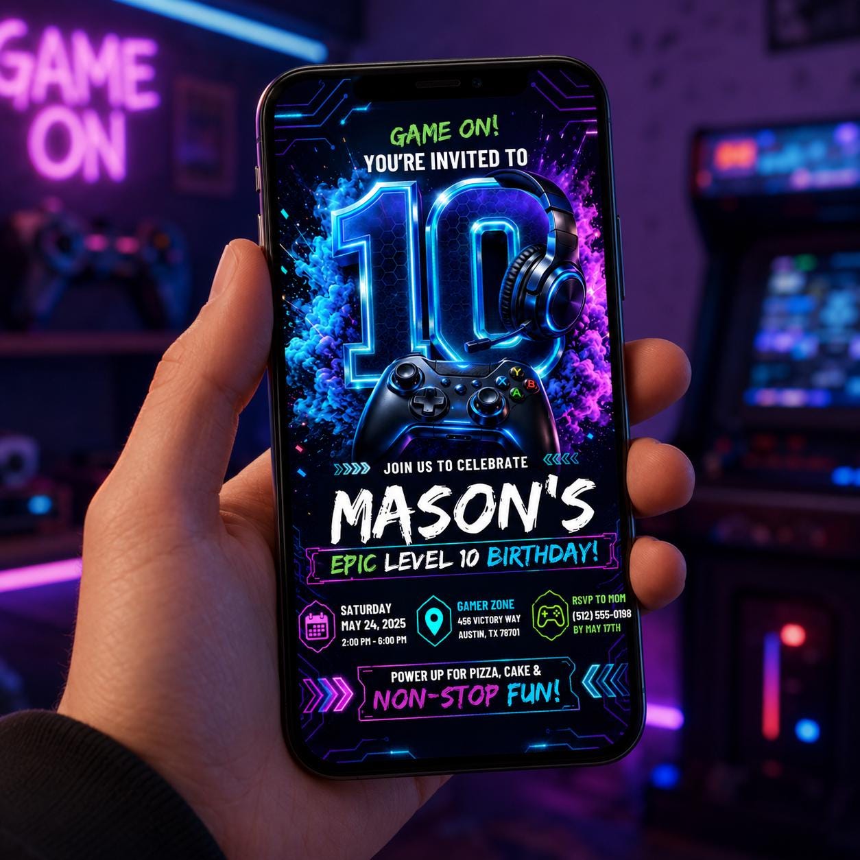 Editable Gamer Birthday Invitation Canva Template, Neon Boys Kids Gamer Cute Modern Fun Themed DIY Party Invite, Printable Digital Download.