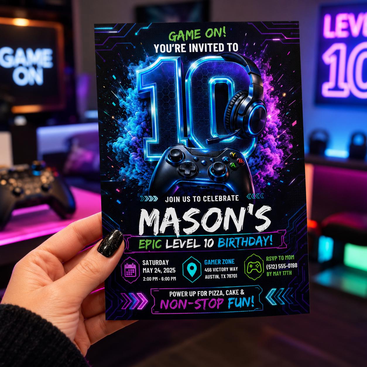 Editable Gamer Birthday Invitation Canva Template, Neon Boys Kids Gamer Cute Modern Fun Themed DIY Party Invite, Printable Digital Download.