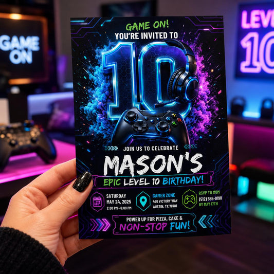 Editable Gamer Birthday Invitation Canva Template, Neon Boys Kids Gamer Cute Modern Fun Themed DIY Party Invite, Printable Digital Download.