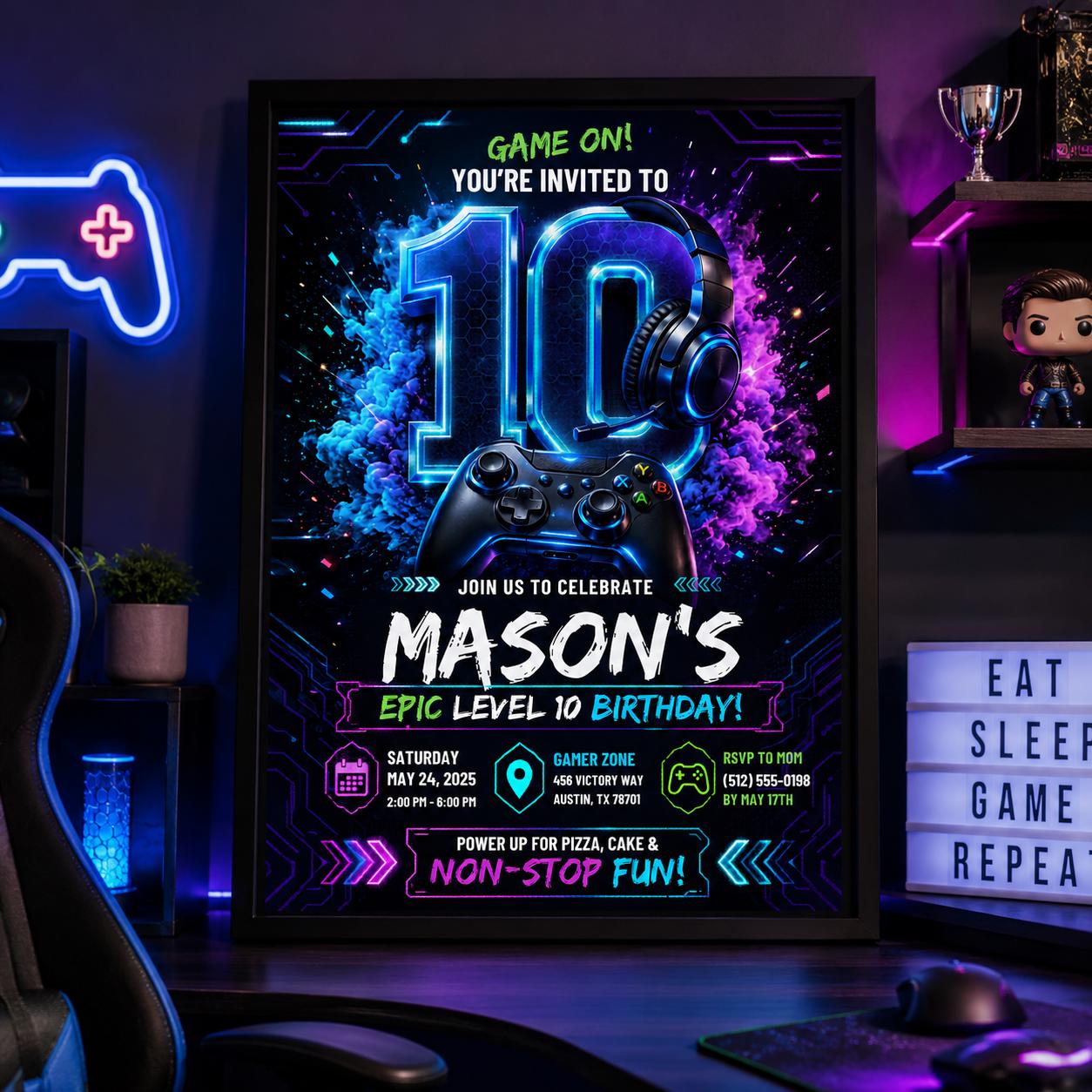 Editable Gamer Birthday Invitation Canva Template, Neon Boys Kids Gamer Cute Modern Fun Themed DIY Party Invite, Printable Digital Download.