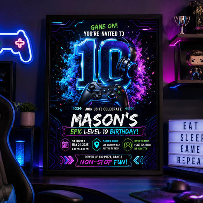 Editable Gamer Birthday Invitation Canva Template, Neon Boys Kids Gamer Cute Modern Fun Themed DIY Party Invite, Printable Digital Download.