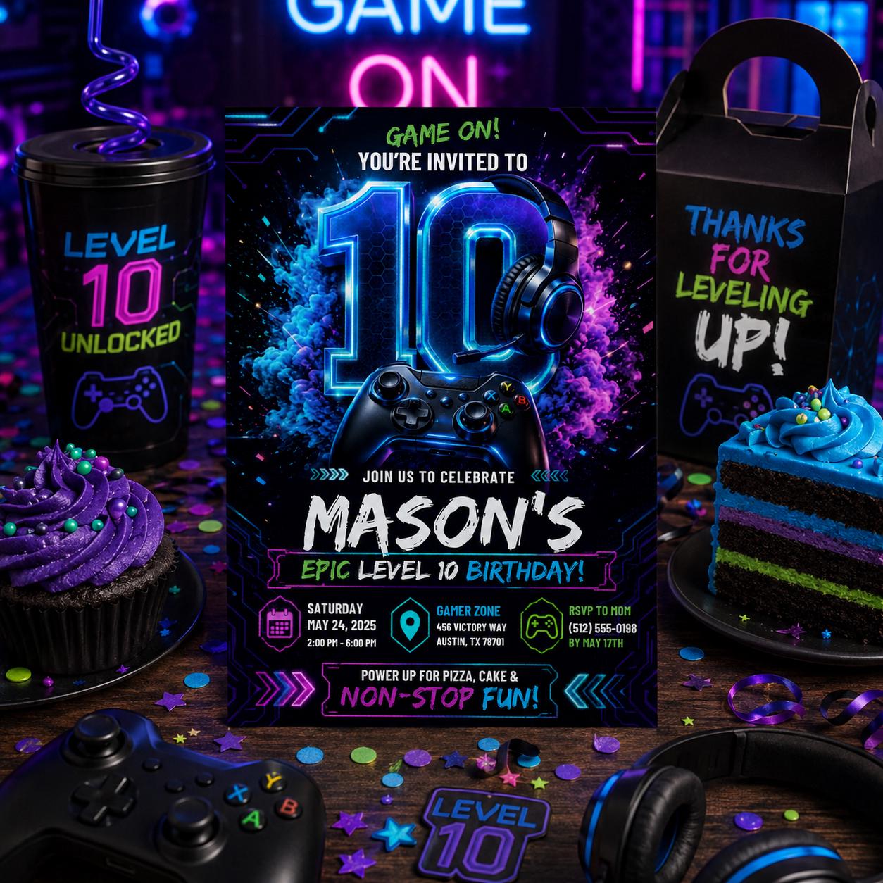 Editable Gamer Birthday Invitation Canva Template, Neon Boys Kids Gamer Cute Modern Fun Themed DIY Party Invite, Printable Digital Download.
