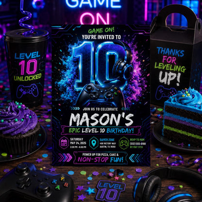 Editable Gamer Birthday Invitation Canva Template, Neon Boys Kids Gamer Cute Modern Fun Themed DIY Party Invite, Printable Digital Download.