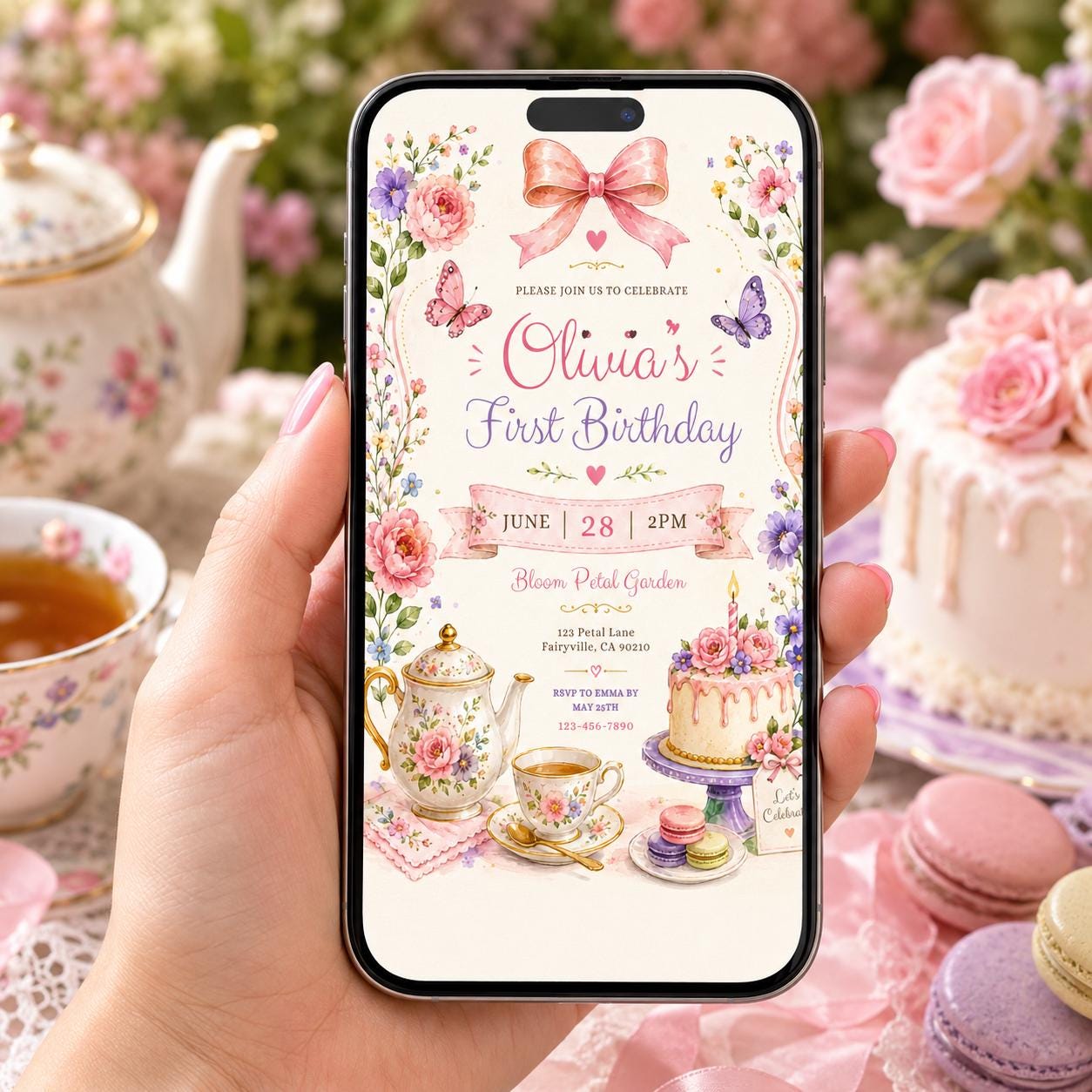 Editable Pink Bow Birthday Invitation Canva Template, Boho Floral Girls Kids Bow Cute Fun DIY Chic Party Invite, Printable Digital Download.