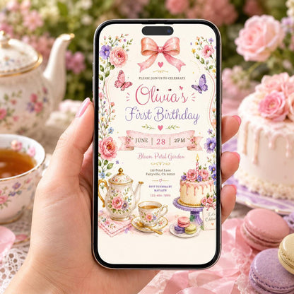 Editable Pink Bow Birthday Invitation Canva Template, Boho Floral Girls Kids Bow Cute Fun DIY Chic Party Invite, Printable Digital Download.