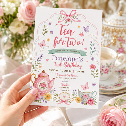 Editable Tea Birthday Invitation Canva Template, Pink Blush Girls Kids Adult Tea Cute Fun DIY Chic Party Invite, Printable Digital Download.