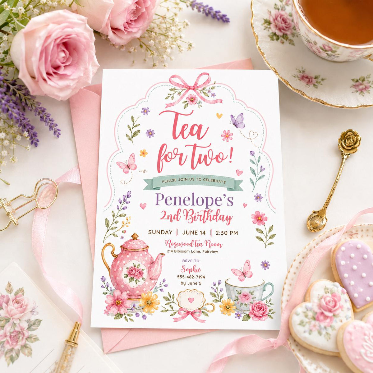 Editable Tea Birthday Invitation Canva Template, Pink Blush Girls Kids Adult Tea Cute Fun DIY Chic Party Invite, Printable Digital Download.