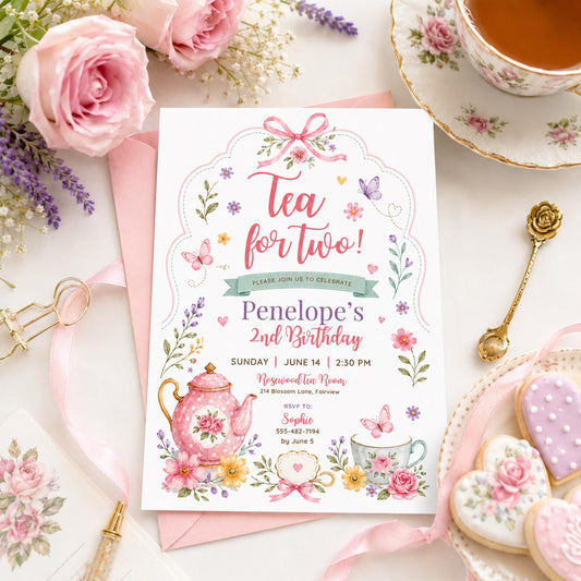 Editable Tea Birthday Invitation Canva Template, Pink Blush Girls Kids Adult Tea Cute Fun DIY Chic Party Invite, Printable Digital Download.