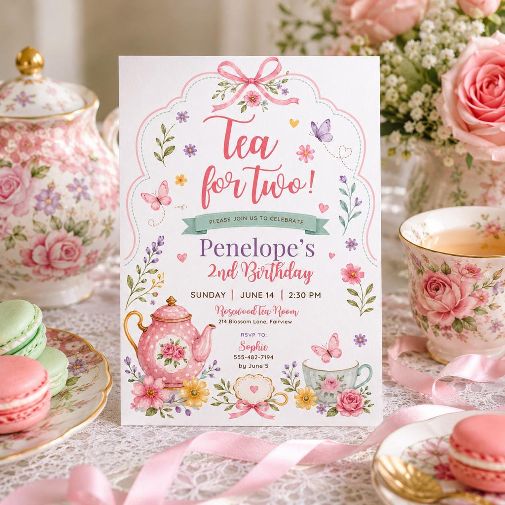 Editable Tea Birthday Invitation Canva Template, Pink Blush Girls Kids Adult Tea Cute Fun DIY Chic Party Invite, Printable Digital Download.