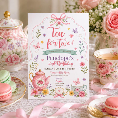 Editable Tea Birthday Invitation Canva Template, Pink Blush Girls Kids Adult Tea Cute Fun DIY Chic Party Invite, Printable Digital Download.